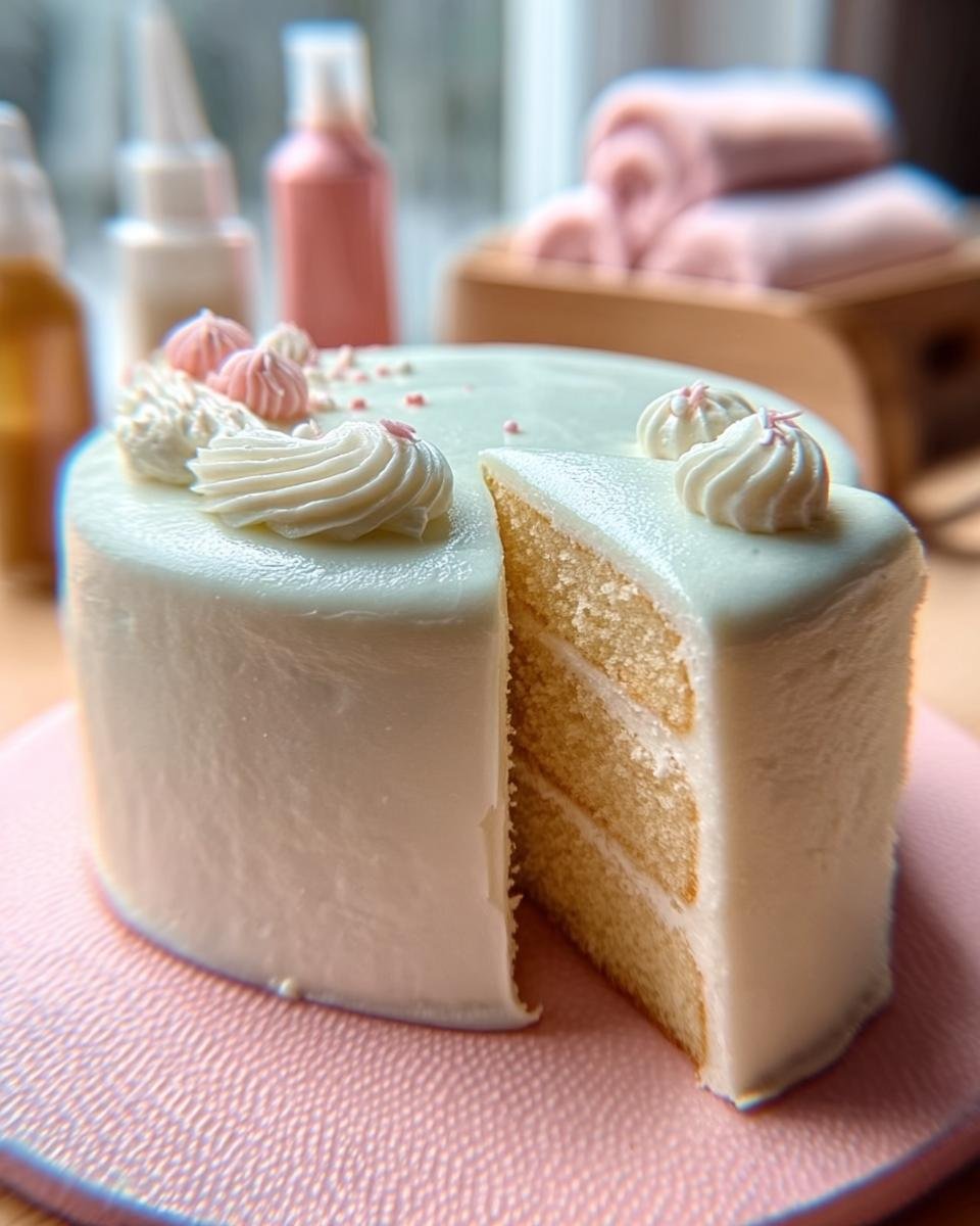 A slice is cut from a new cake design, revealing three layers of vanilla cake and white frosting, decorated with piped frosting swirls.