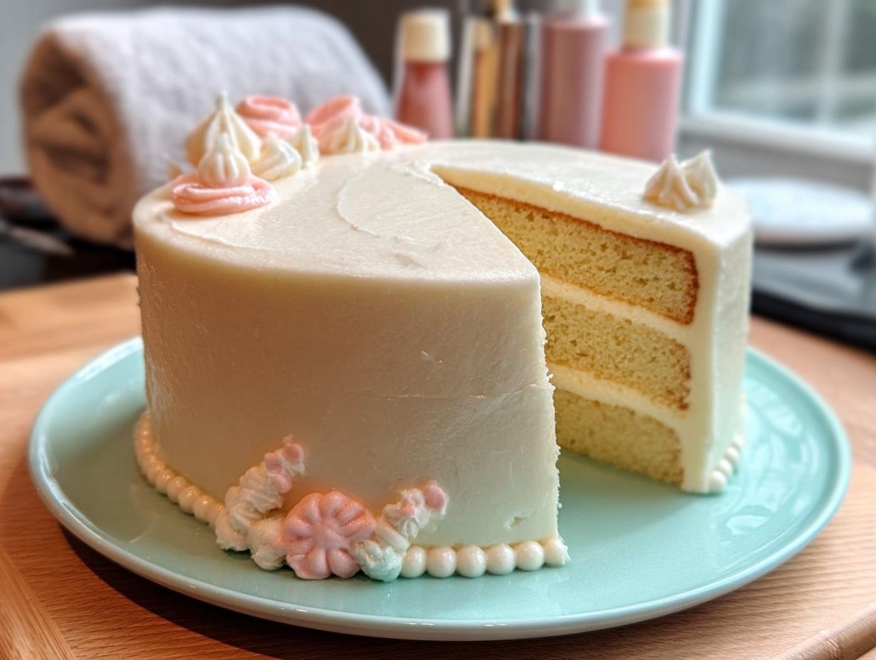 A beautifully decorated white cake with three layers, featuring delicate pink and white frosting swirls on top and along the base.