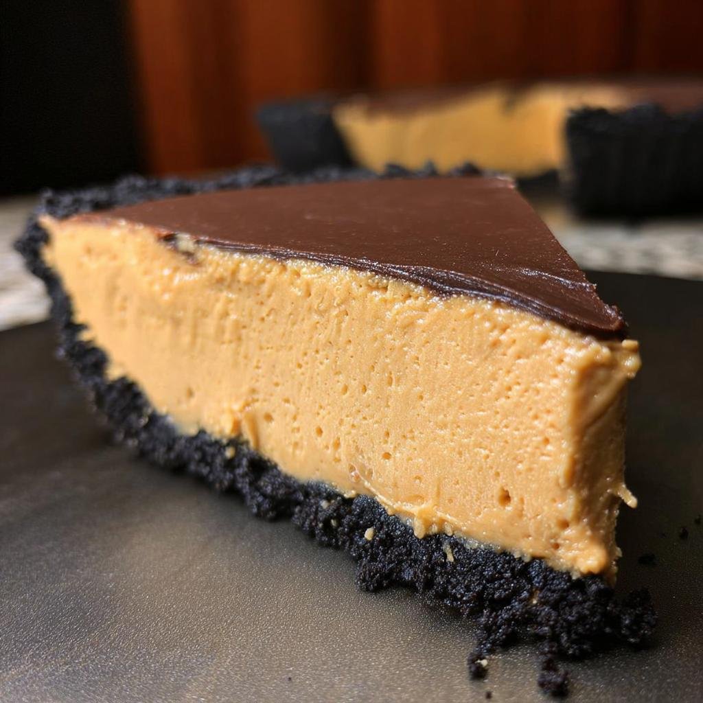 A delicious slice of No-Bake Peanut Butter Pie with a chocolate ganache topping and dark cookie crust.