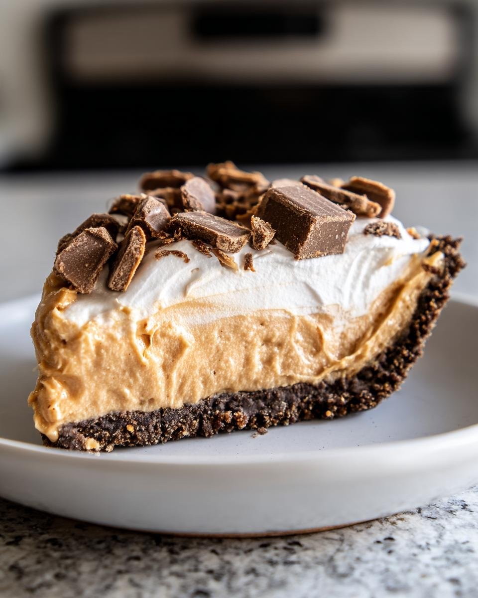 A slice of the dreamiest no bake peanut butter pie recipe, topped with whipped cream and chocolate chunks.