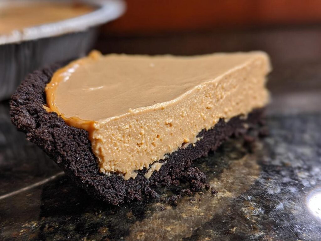 A close-up of a slice of no-bake peanut butter pie with a chocolate crust.