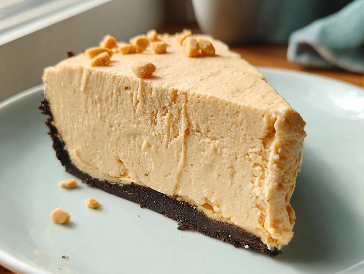 A delicious slice of no-bake peanut butter pie with a chocolate crust and peanut topping.