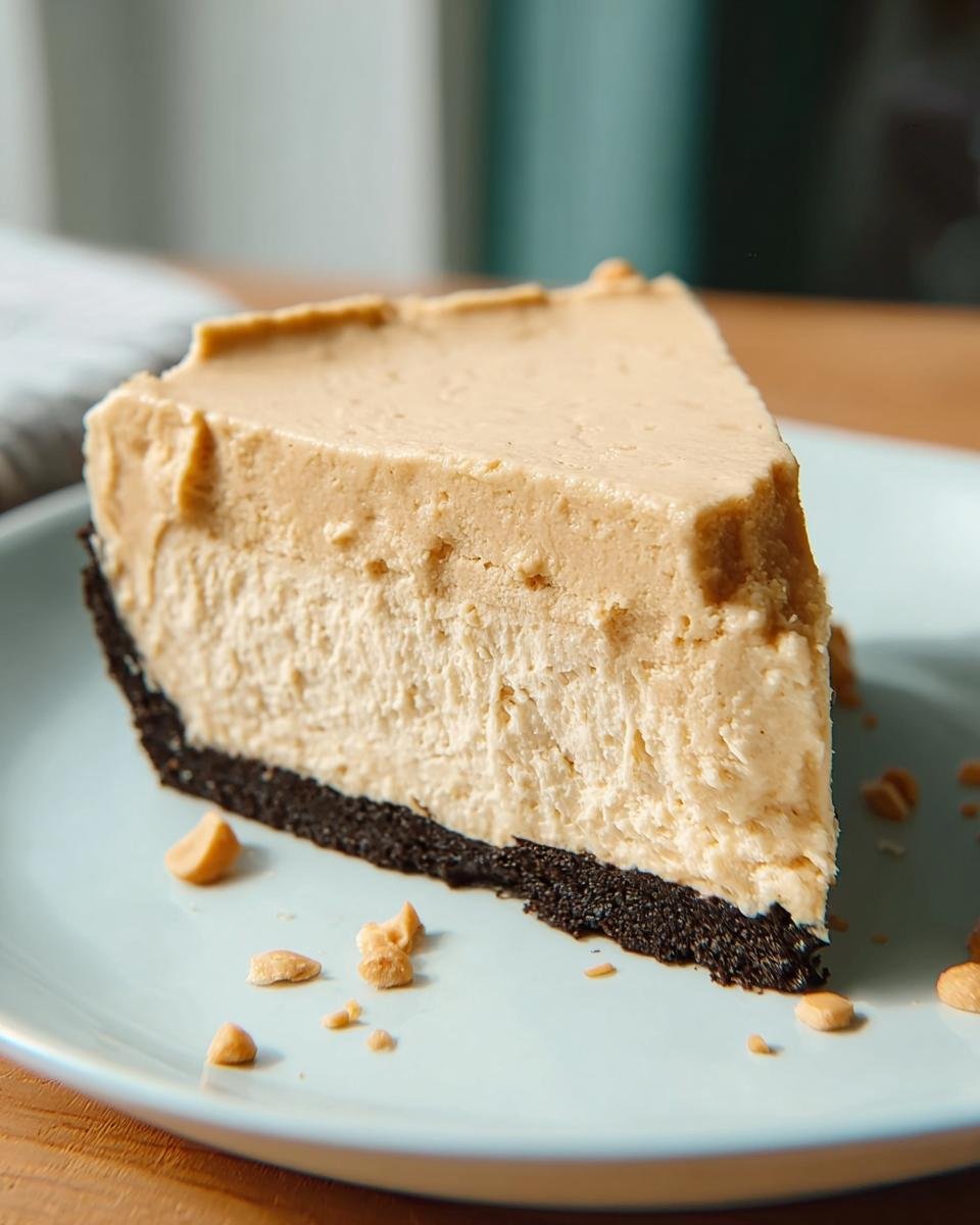 A delicious slice of no-bake peanut butter pie with a chocolate crust and creamy peanut butter filling, garnished with chopped peanuts.