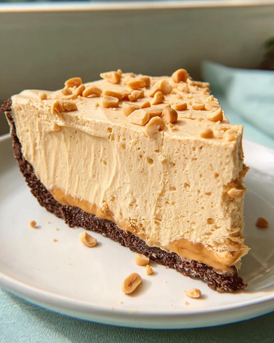 A decadent slice of No-Bake Peanut Butter Pie on a white plate, topped with chopped peanuts.