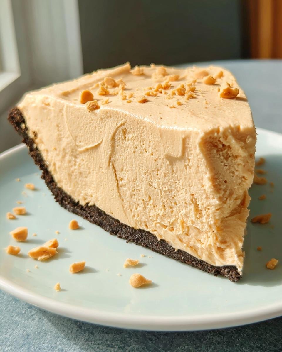 A delicious slice of no-bake peanut butter pie on a light blue plate, topped with chopped peanuts.