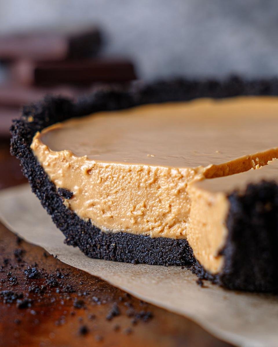A slice of creamy No-Bake Peanut Butter Pie with a dark chocolate cookie crust.