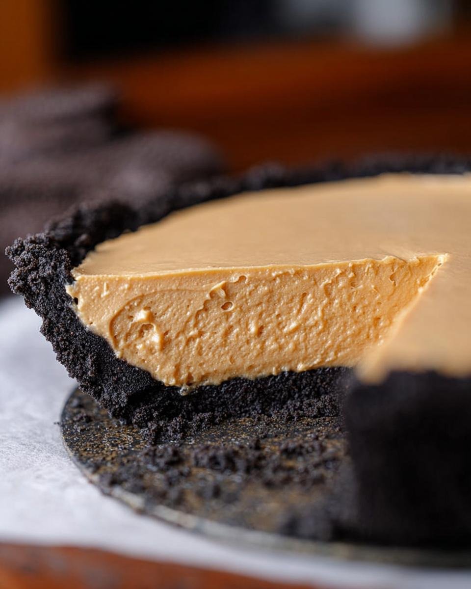 A creamy slice of No-Bake Peanut Butter Pie with a dark chocolate cookie crust.