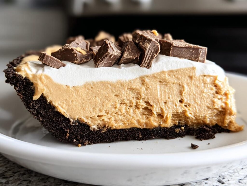 A slice of the dreamiest no bake peanut butter pie, featuring a chocolate crust, creamy peanut butter filling, whipped topping, and chocolate chunks.