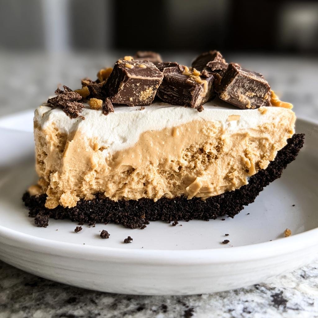A decadent slice of no bake peanut butter pie on a white plate, topped with chocolate chunks.