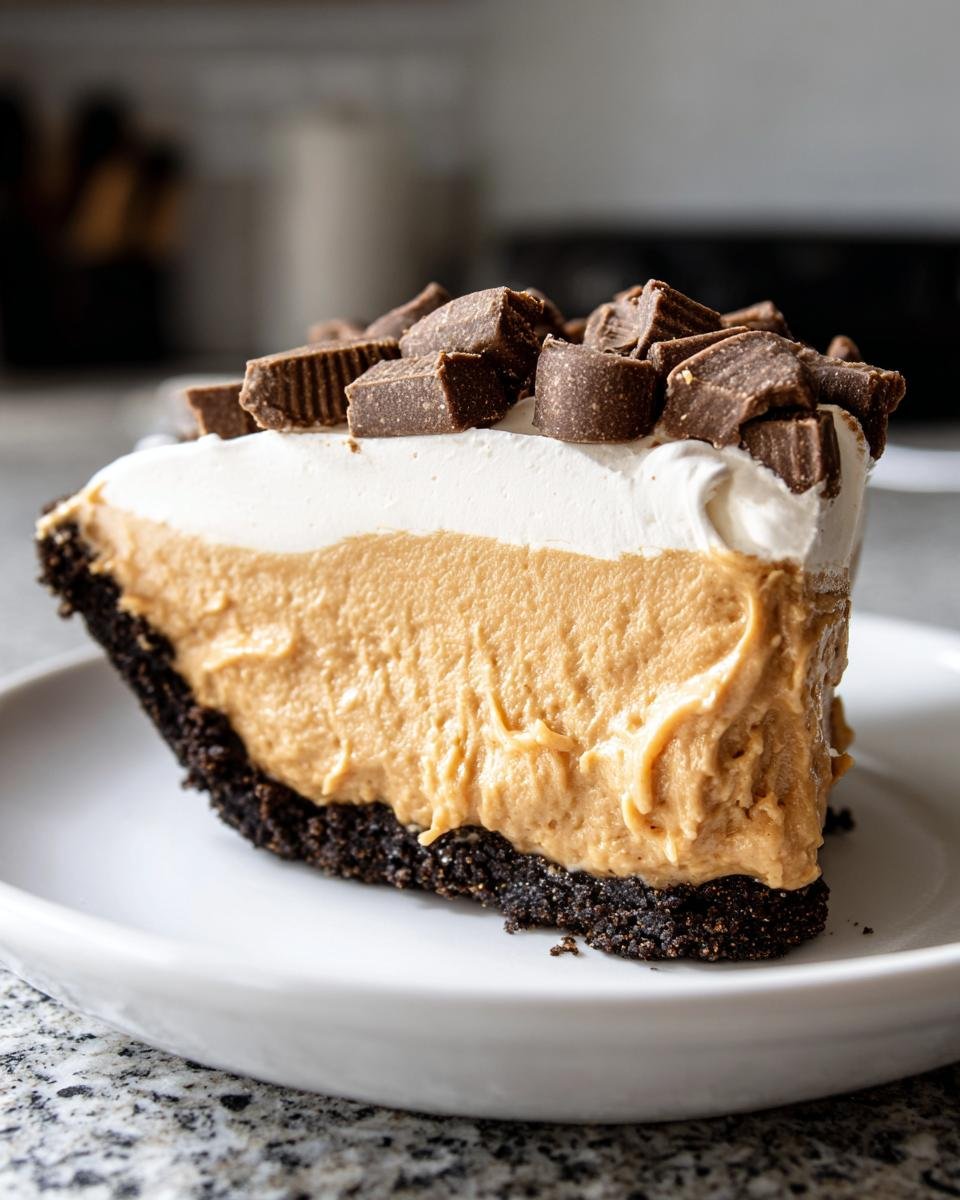 A tempting slice of no bake peanut butter pie, topped with whipped cream and chopped peanut butter cups.