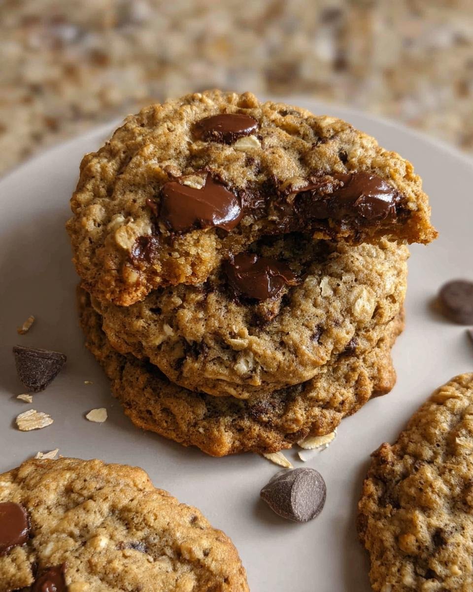 A stack of three Oatmeal Chocolate Chip Cookies Soft Center, with the top one broken to show the gooey, melted chocolate center.