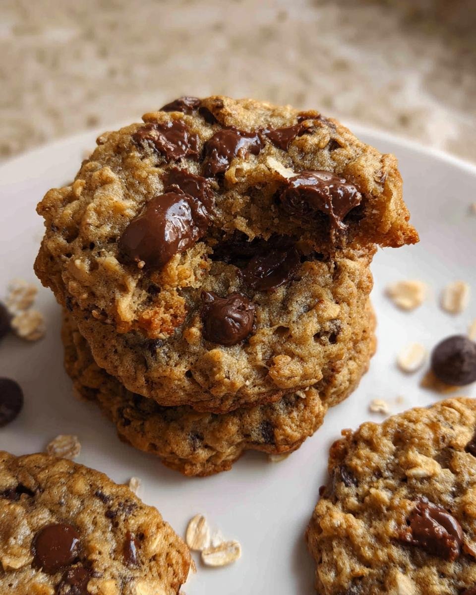 Close-up of stacked Oatmeal Chocolate Chip Cookies Soft Center with melted chocolate.