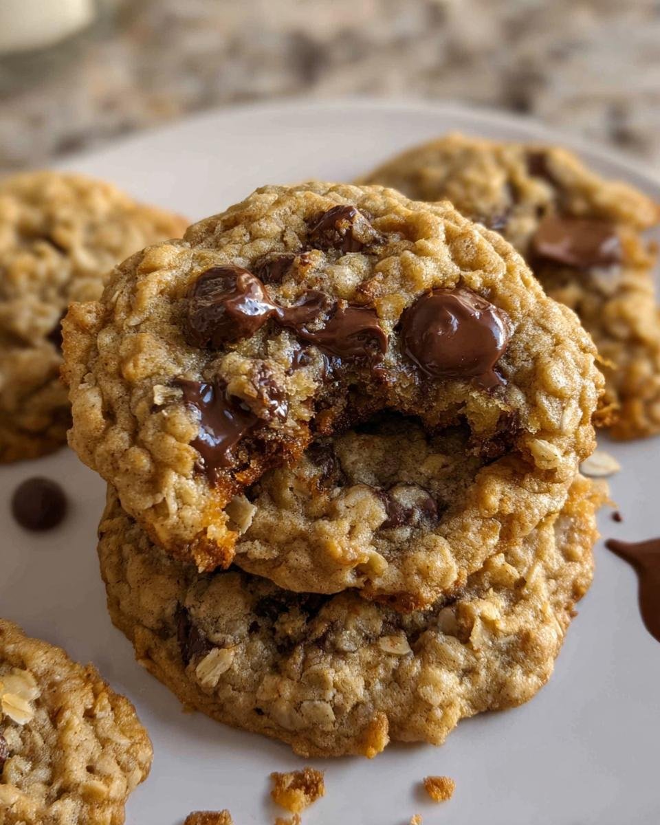 Close-up of stacked Oatmeal Chocolate Chip Cookies Soft Center with melted chocolate oozing out.