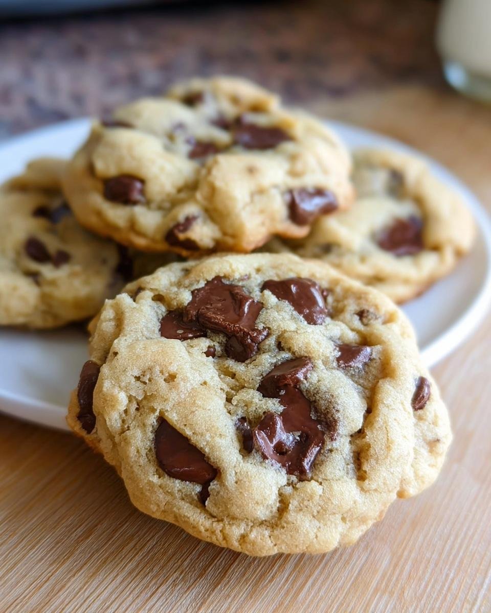 Close-up of a soft, chewy One Bowl Chocolate Chip Cookie loaded with melted chocolate chunks on a wooden surface.