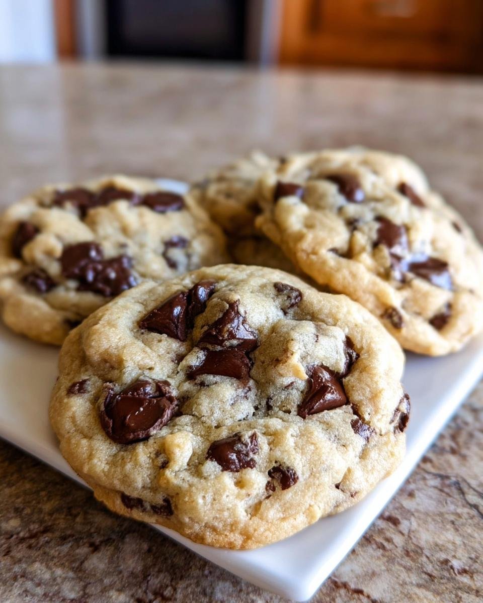 A close-up of several soft, chewy One Bowl Chocolate Chip Cookies loaded with melted chocolate chunks on a white plate.