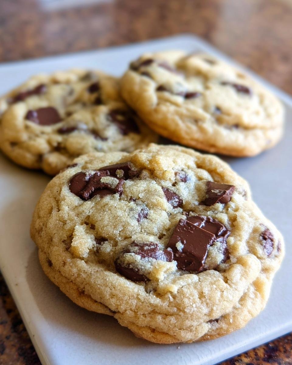 Close-up of three gooey One Bowl Chocolate Chip Cookies with melted chocolate chunks on a light plate.