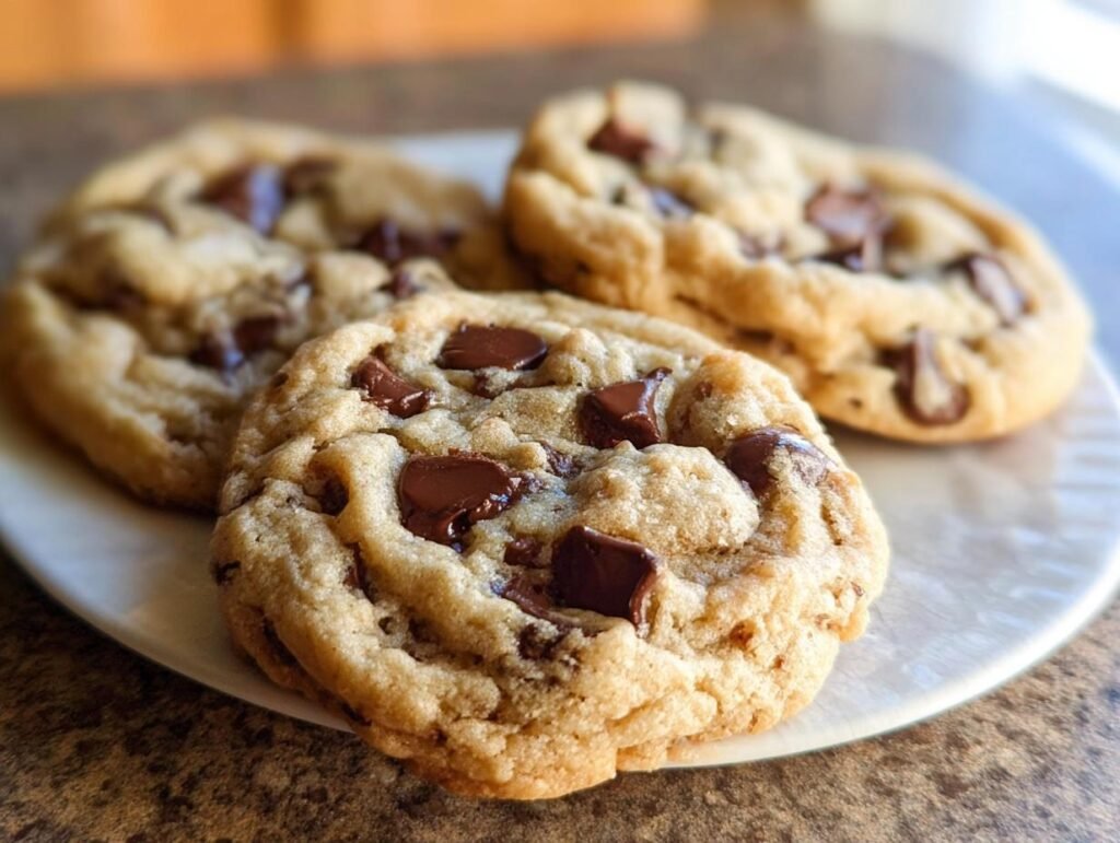Three soft and chewy One Bowl Chocolate Chip Cookies piled on a white plate.