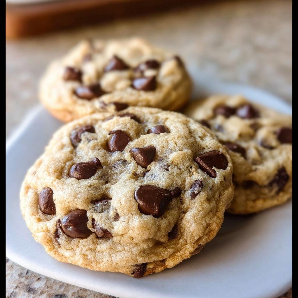 Close-up of three soft, chewy One Bowl Chocolate Chip Cookies piled on a white plate.