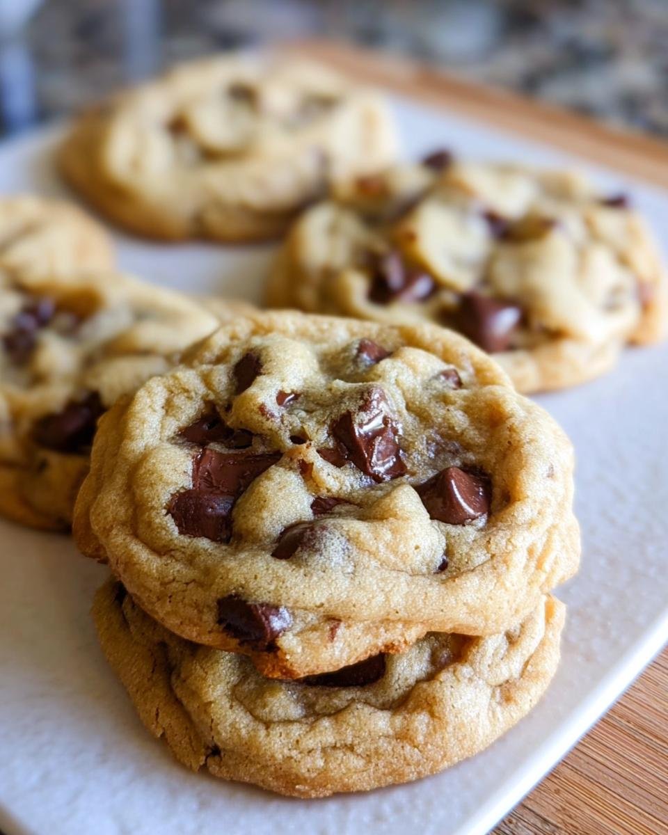 Close-up of two stacked, chewy One Bowl Chocolate Chip Cookies loaded with melted chocolate chunks.