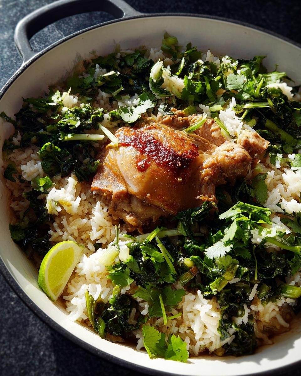 Close-up of One Pot Rice with Chicken Thighs topped with fresh cilantro and greens in a white pot.