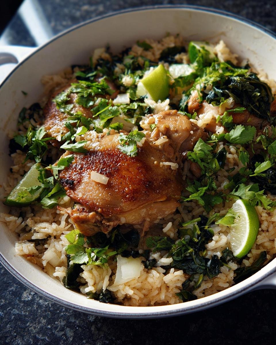 Close-up of One Pot Rice with Chicken Thighs topped with fresh cilantro and lime wedges in a white cooking pot.