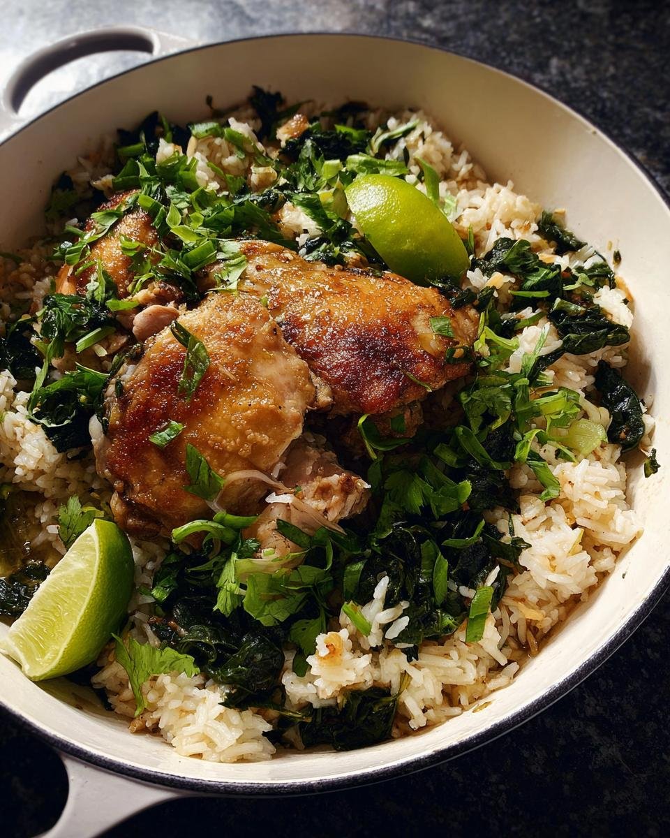 A close-up of One Pot Rice with Chicken Thighs topped with fresh herbs and lime wedges in a white pot.