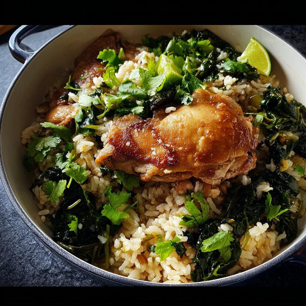 A close-up view of One Pot Rice with Chicken Thighs, topped with greens and cilantro in a Dutch oven.