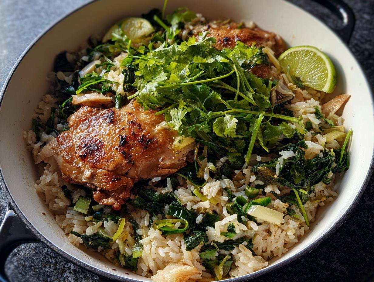 A close-up of One Pot Rice with Chicken Thighs, topped with fresh cilantro and lime wedges.
