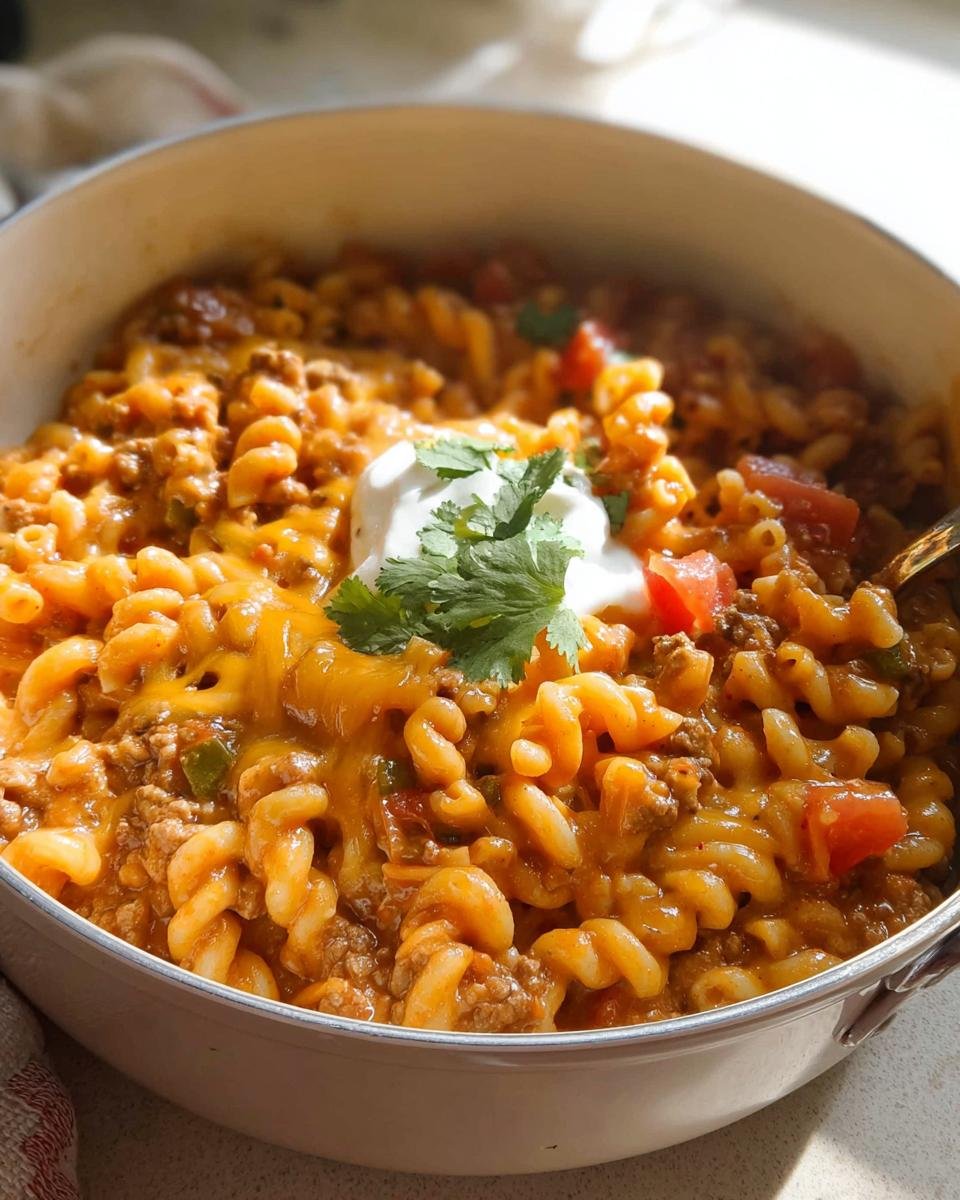 A close-up of a bowl of cheesy One Pot Taco Pasta Crowd Pleaser topped with sour cream and cilantro.