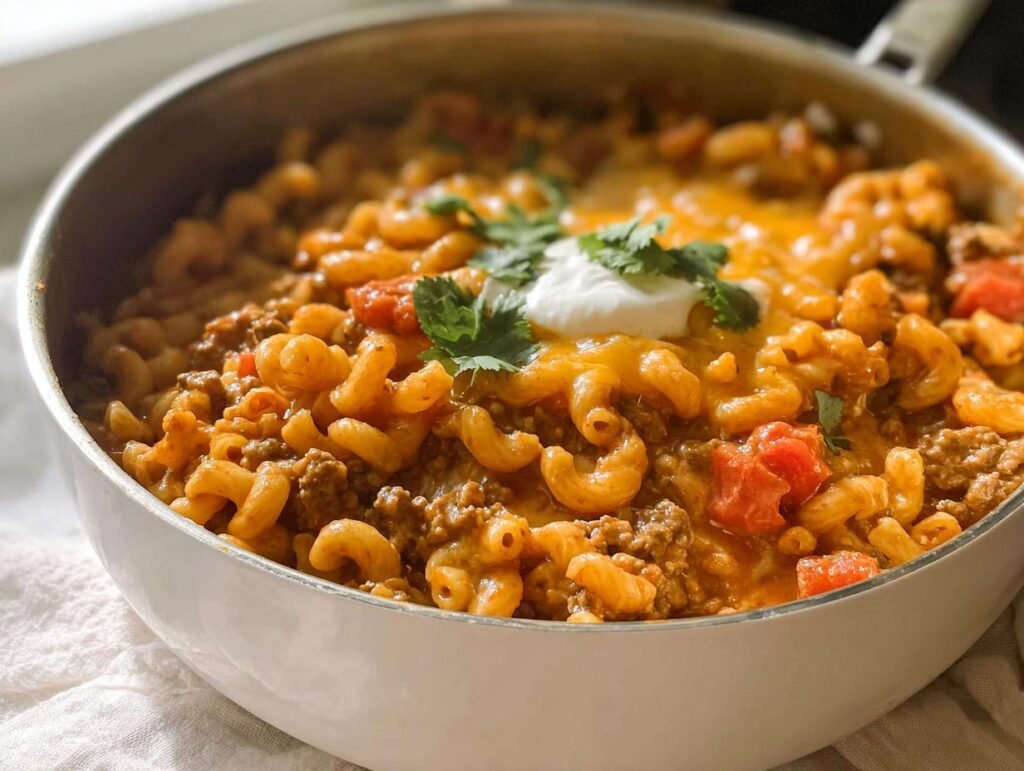 Close-up of creamy One Pot Taco Pasta Crowd Pleaser topped with melted cheese, sour cream, and cilantro.