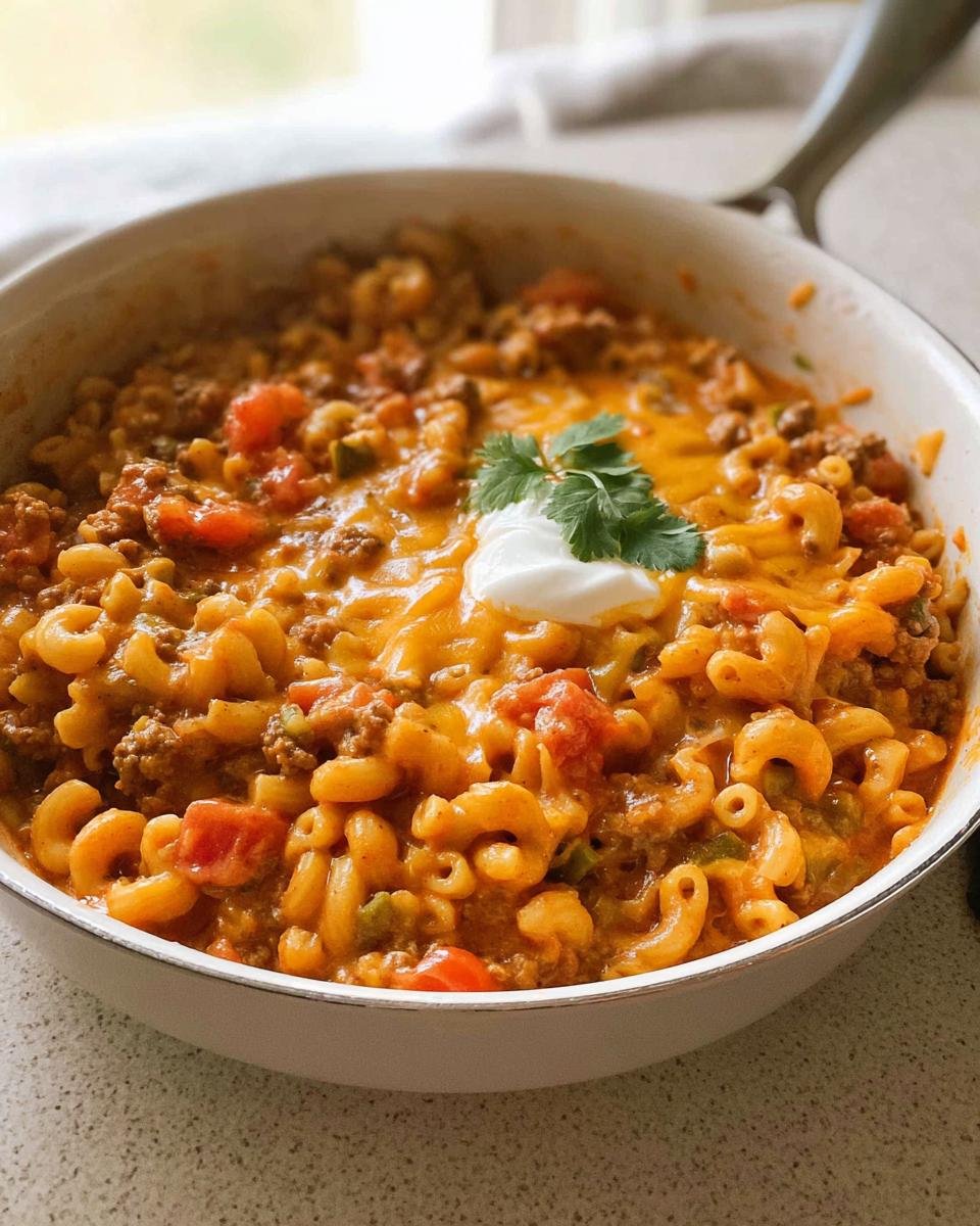 A close-up of the finished One Pot Taco Pasta Crowd Pleaser topped with melted cheese, sour cream, and cilantro.