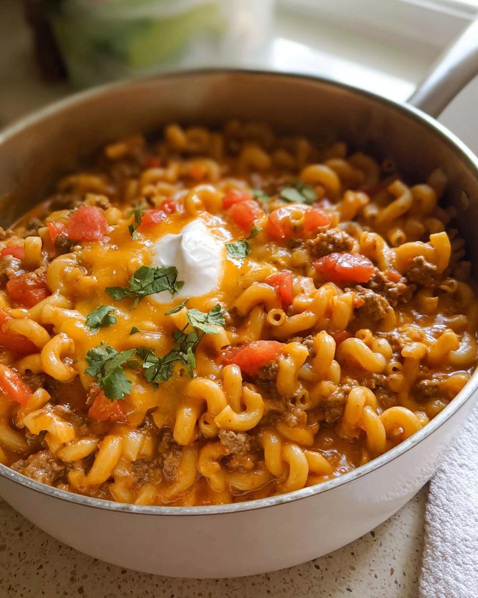 Close-up of creamy One Pot Taco Pasta Crowd Pleaser topped with melted cheese, sour cream, and cilantro.