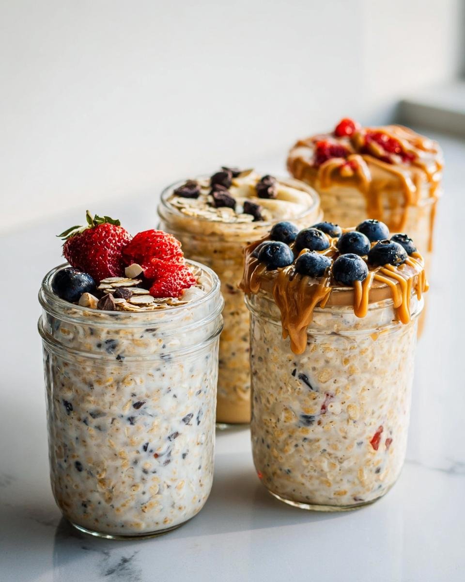 Four different jars showcasing various toppings for Overnight Oats Four Ways, including berries and peanut butter drizzle.