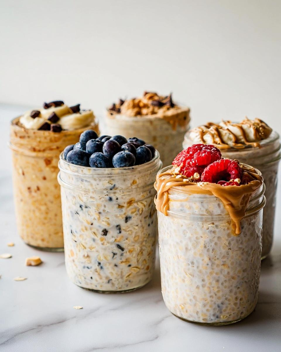 Four glass jars filled with different flavors of Overnight Oats Four Ways, topped with berries, peanut butter, and chocolate chips.