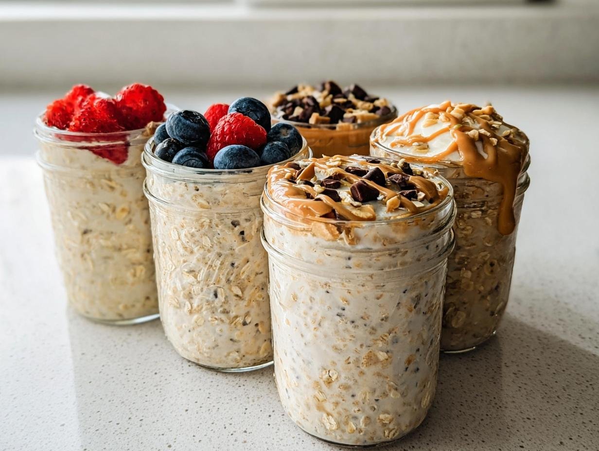 Four different jars showcasing various toppings for Overnight Oats Four Ways, including berries, peanut butter, and chocolate chips.