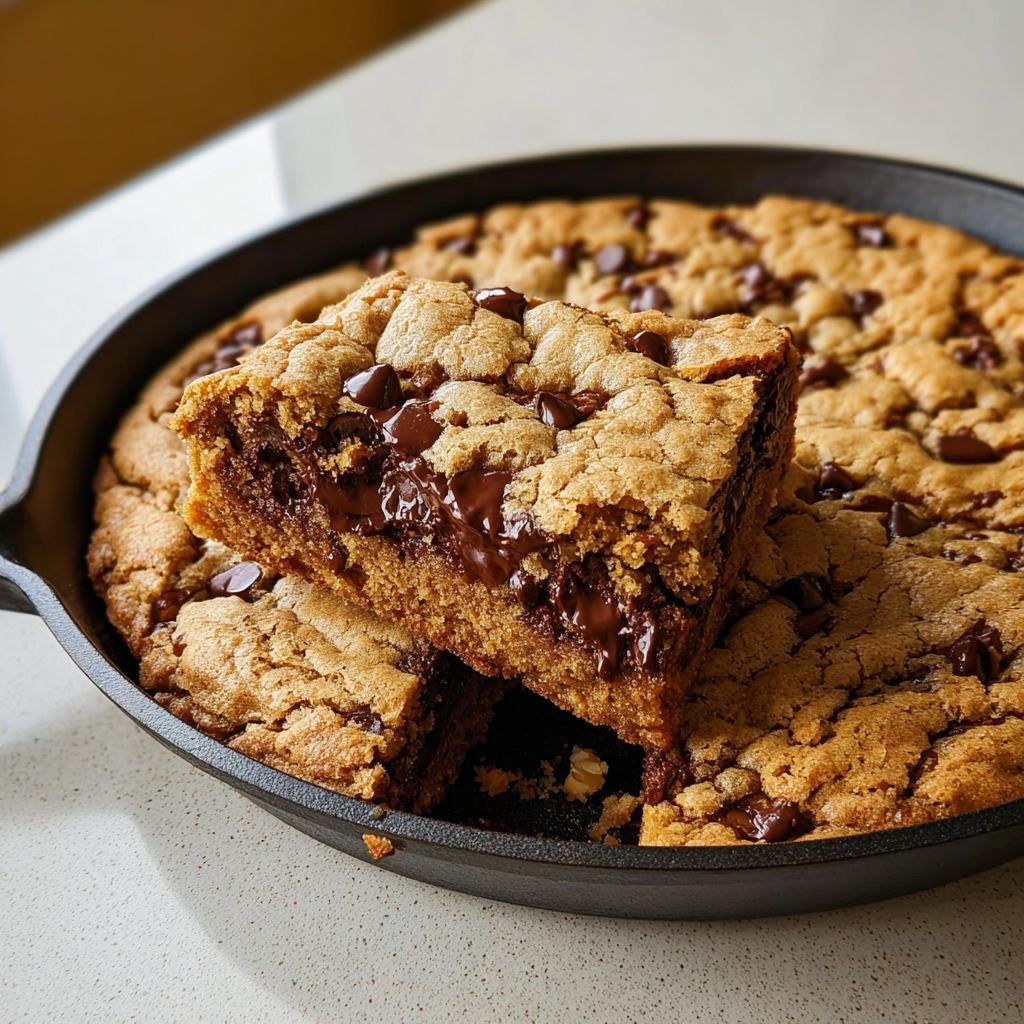 A thick slice of a gooey Pan Cookie Giant Chocolate Chip Cookie lifted from the cast iron skillet.
