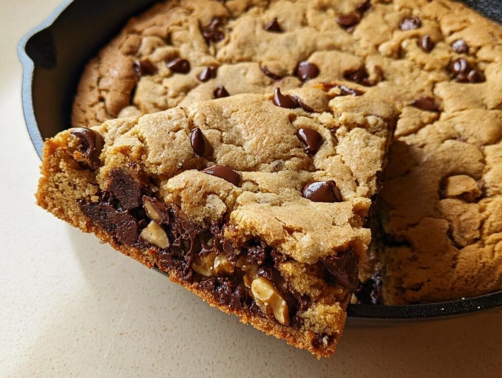 A thick slice of a gooey Pan Cookie Giant Chocolate Chip Cookie being lifted from a cast iron skillet.