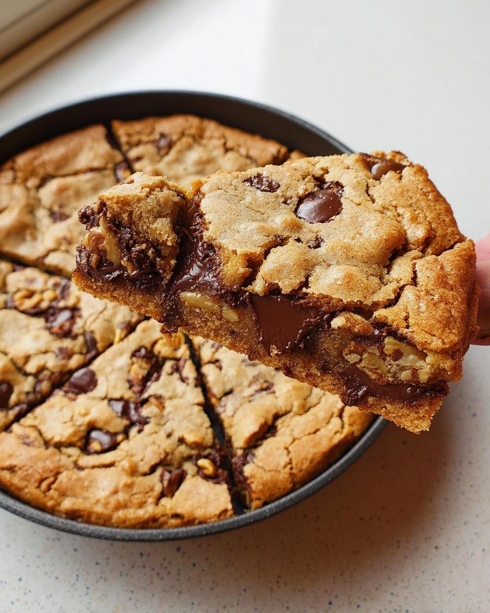 A hand lifting a gooey slice of Pan Cookie Giant Chocolate Chip Cookie from the round pan.