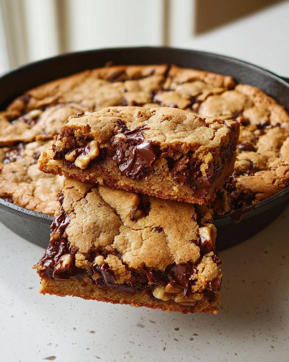 Two stacked squares of a thick Pan Cookie Giant Chocolate Chip Cookie showing melted chocolate and walnuts.