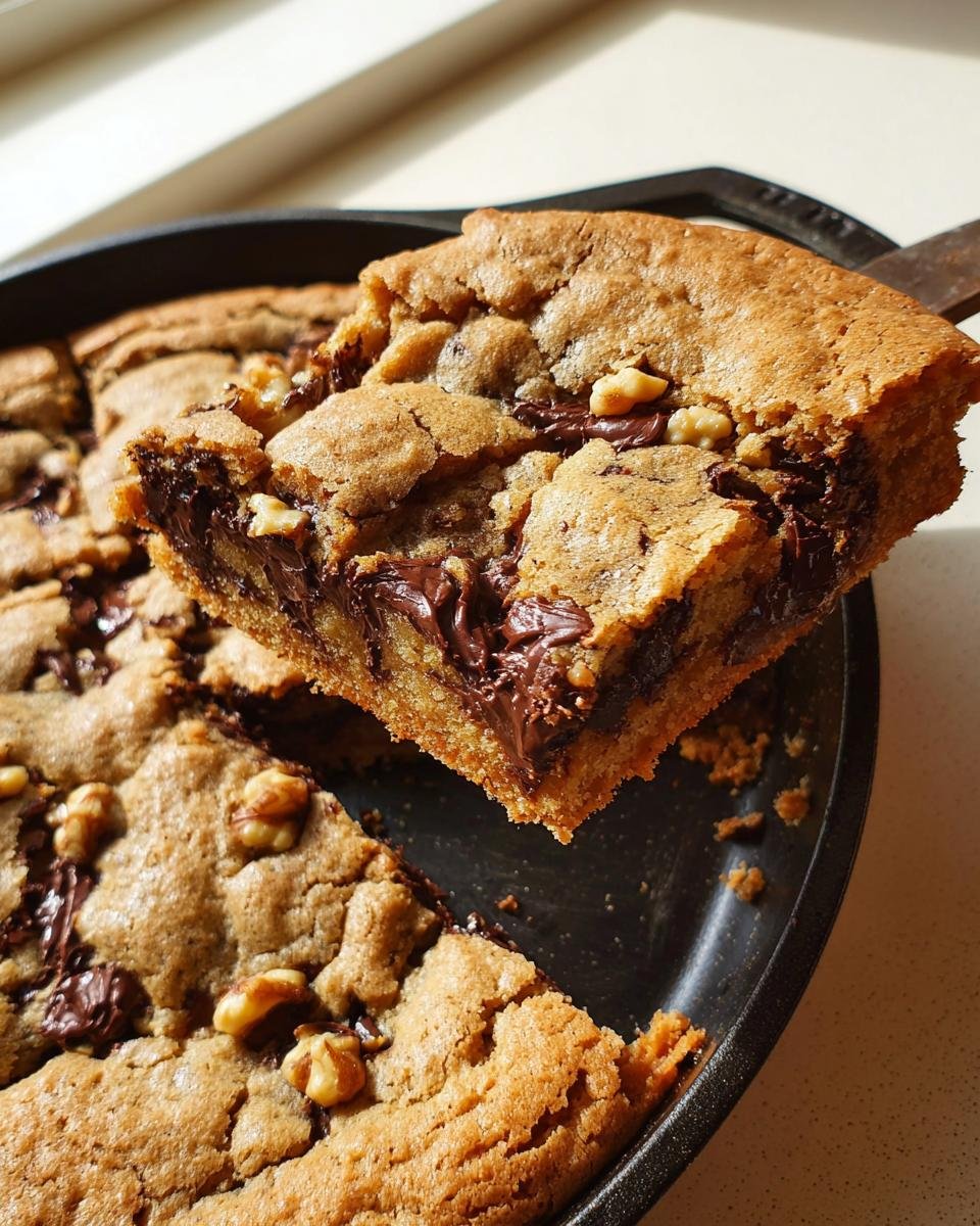A slice of Pan Cookie Giant Chocolate Chip Cookie being lifted from a black skillet, showing gooey melted chocolate and walnuts.