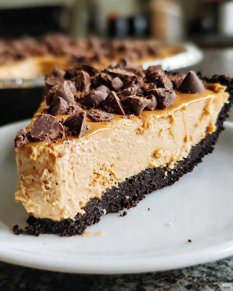 A delicious slice of no bake peanut butter pie topped with chocolate chips.