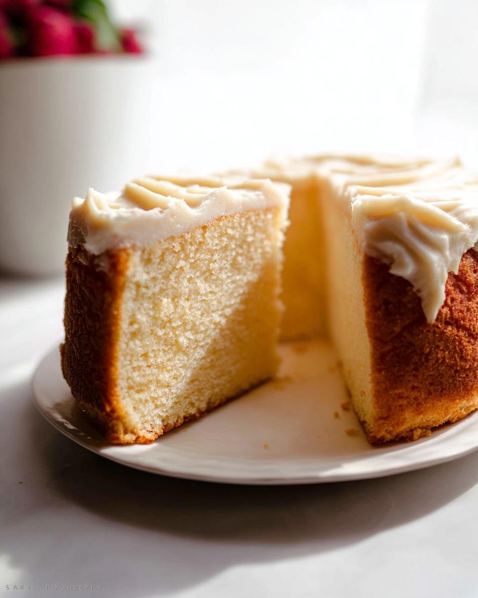 Close-up of a slice of perfect vanilla sponge cake with creamy frosting, part of a larger cake.