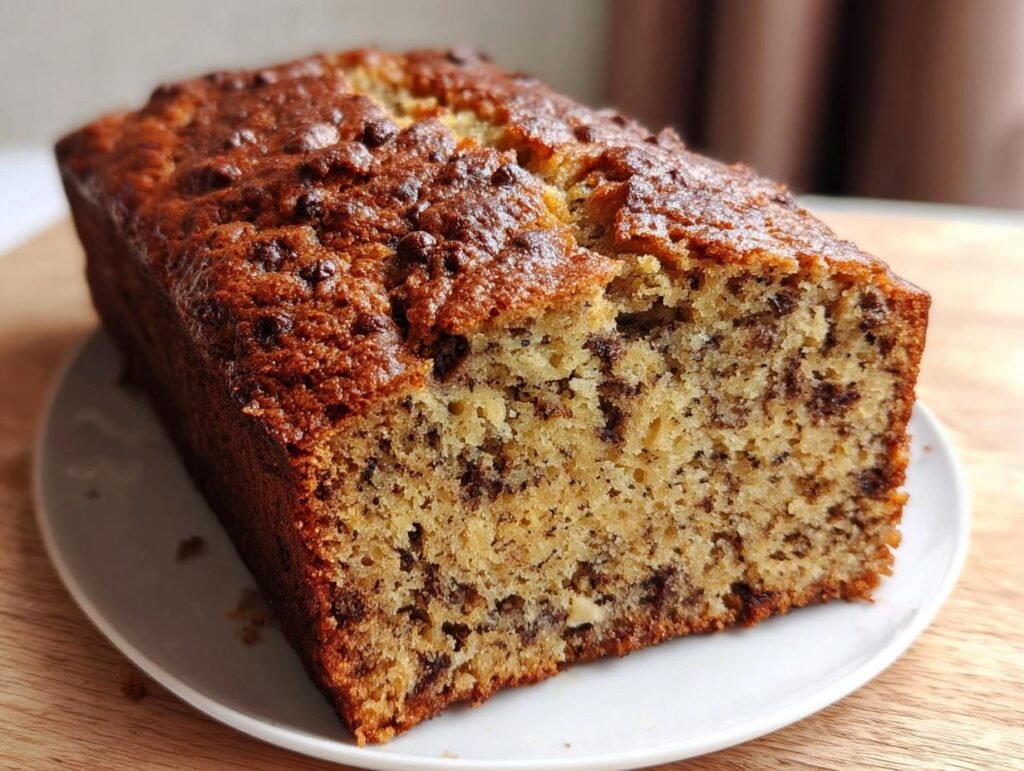 A slice of perfectly moist banana bread with chocolate chips, served on a white plate.