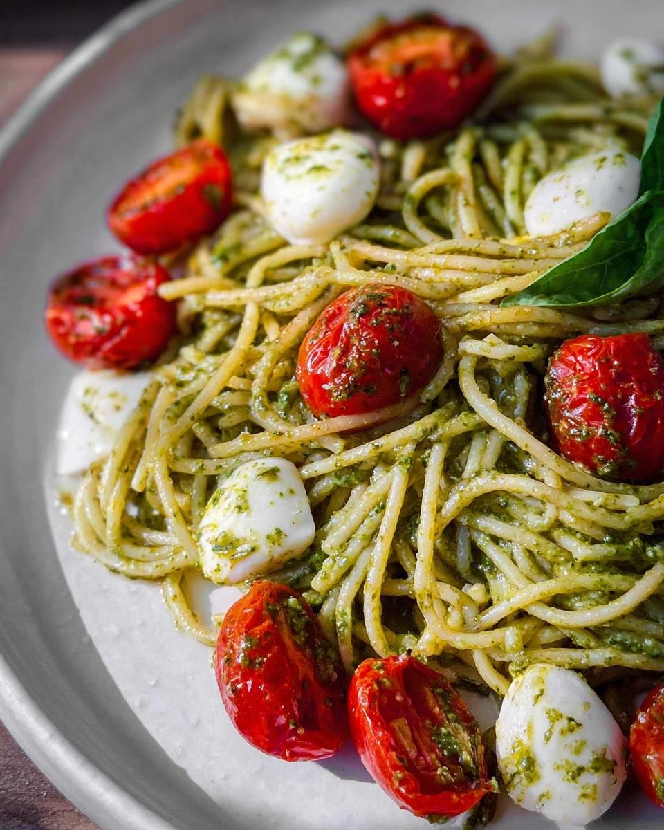Close-up of Pesto Pasta with Cherry Tomatoes Fresh, mozzarella balls, and basil.