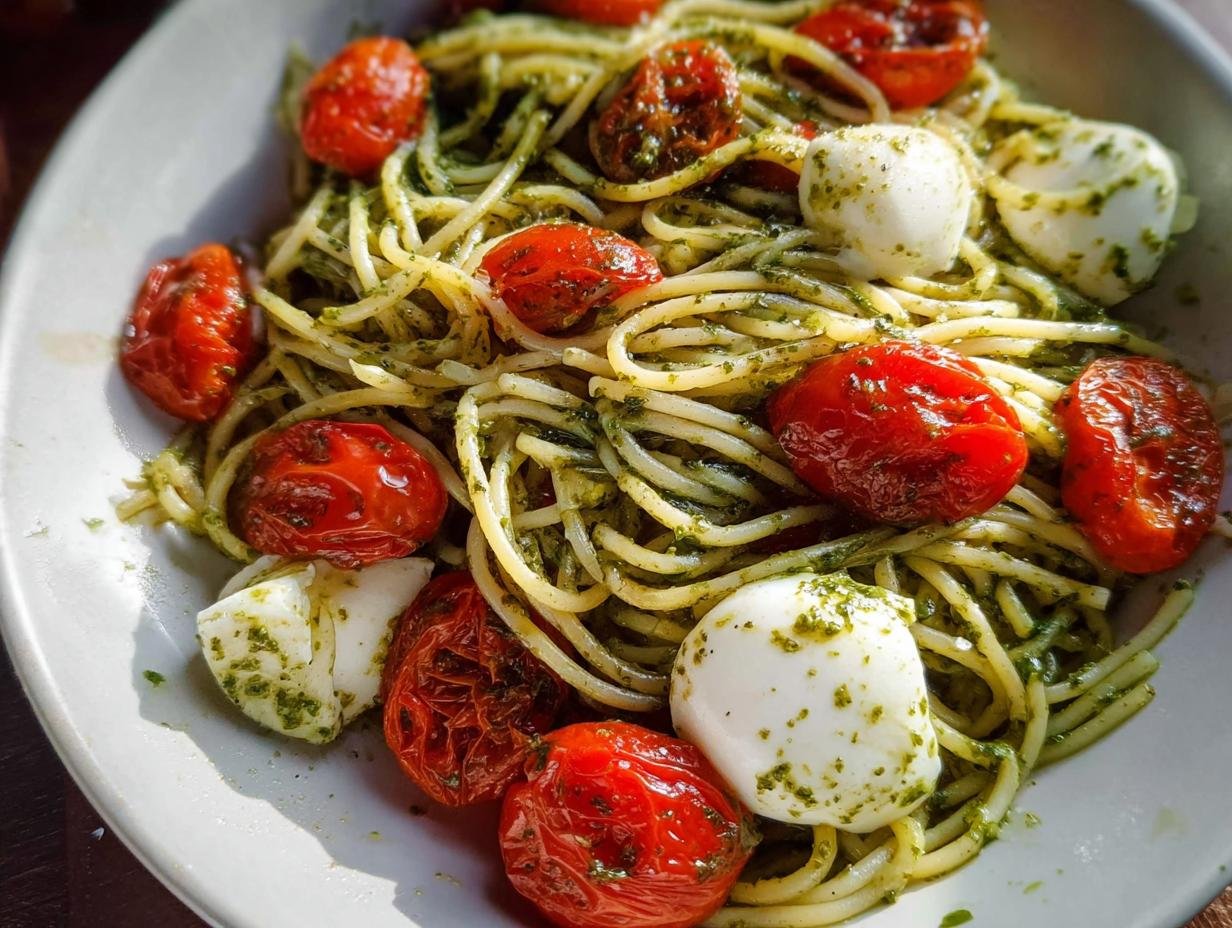 Close-up of Pesto Pasta with Cherry Tomatoes Fresh and mozzarella balls in a white bowl.