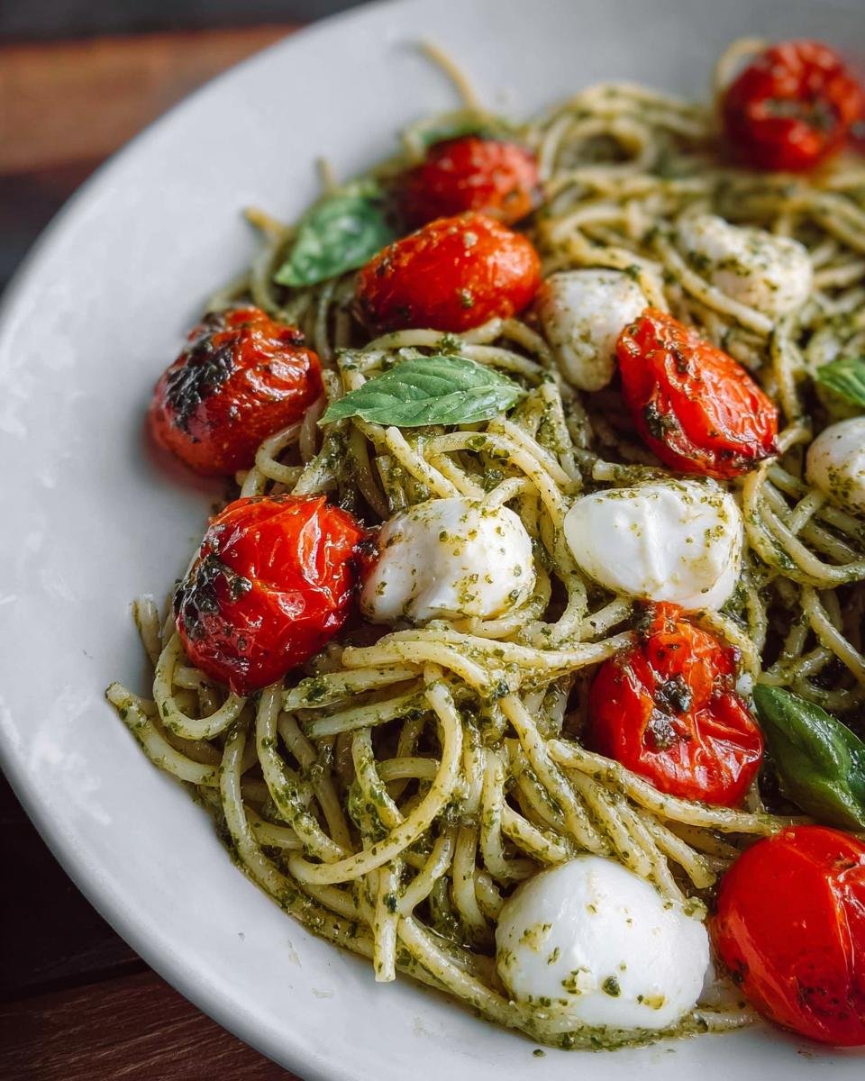 Close-up of Pesto Pasta with Cherry Tomatoes Fresh, mozzarella balls, and basil leaves on a white plate.
