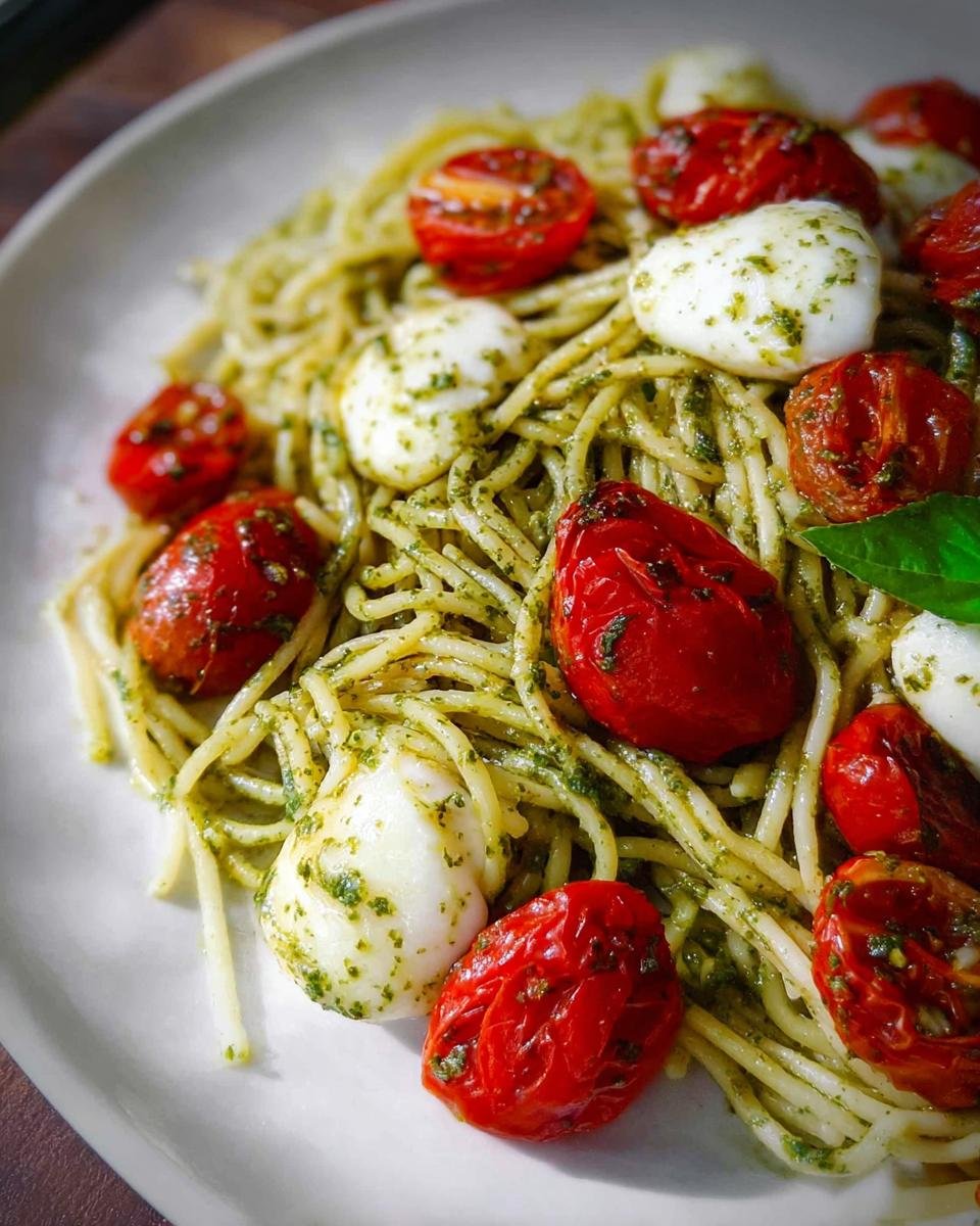 Close-up of Pesto Pasta with Cherry Tomatoes Fresh, tossed in green pesto, with mozzarella balls.