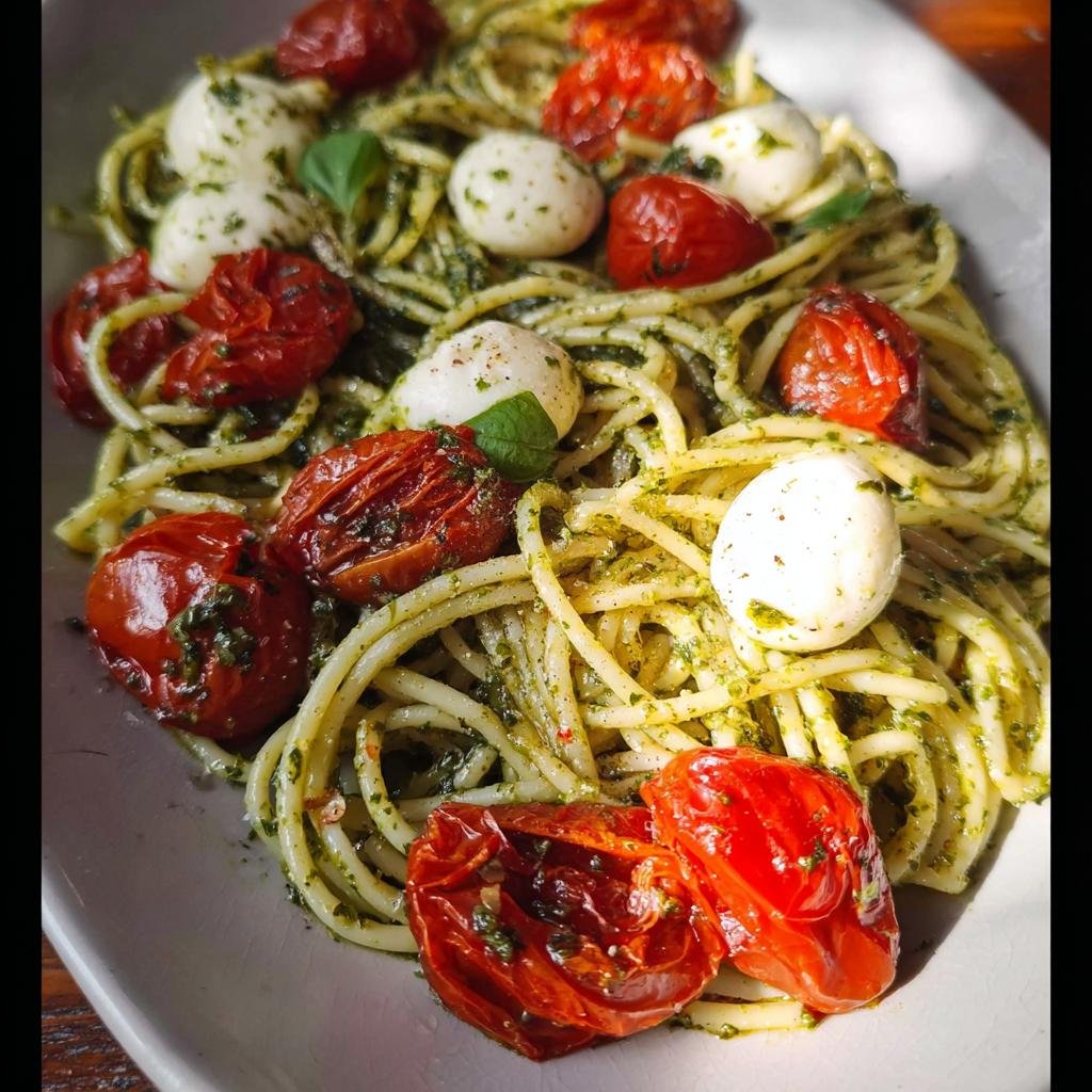 Close-up of Pesto Pasta with Cherry Tomatoes Fresh, tossed in pesto sauce with small mozzarella balls.