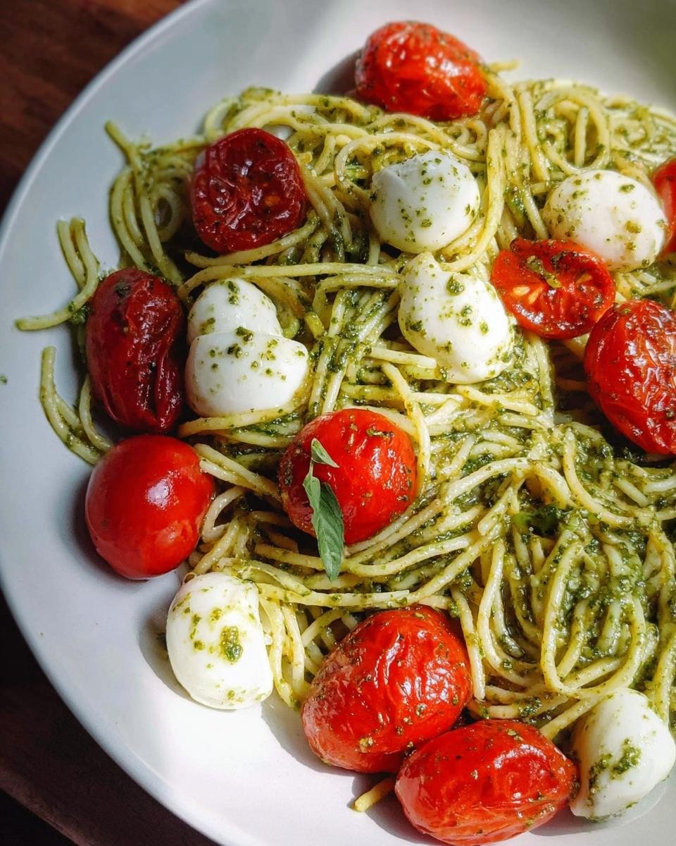 Close-up of Pesto Pasta with Cherry Tomatoes Fresh, mozzarella balls, and basil on a white plate.