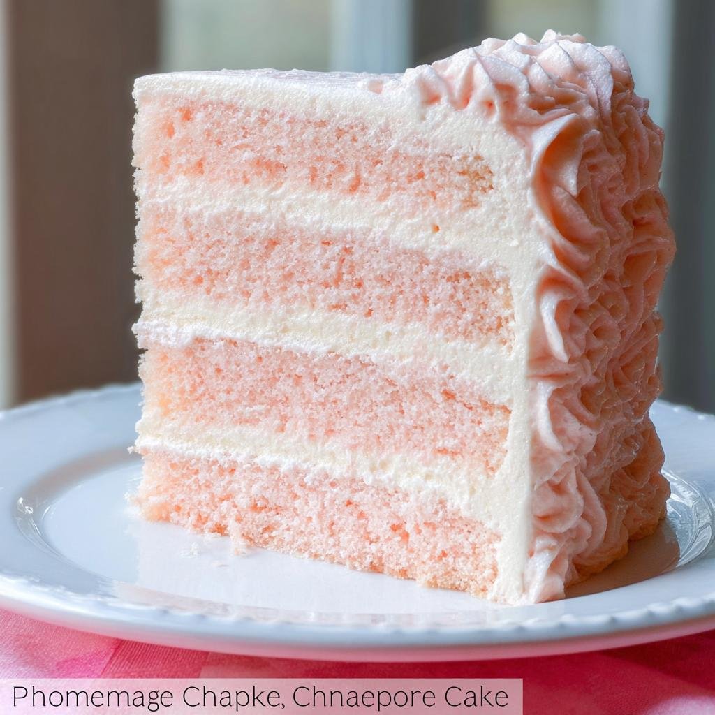 A slice of Pink Champagne Cake with layers of pink cake and white frosting, decorated with pink frosting swirls.